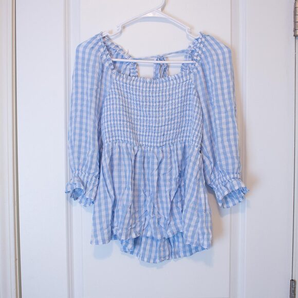 S Crown & Ivy Gingham Kawaii Peasant Smock Blouse Cute Baby Blue Ruffle Cottage - Picture 1 of 6
